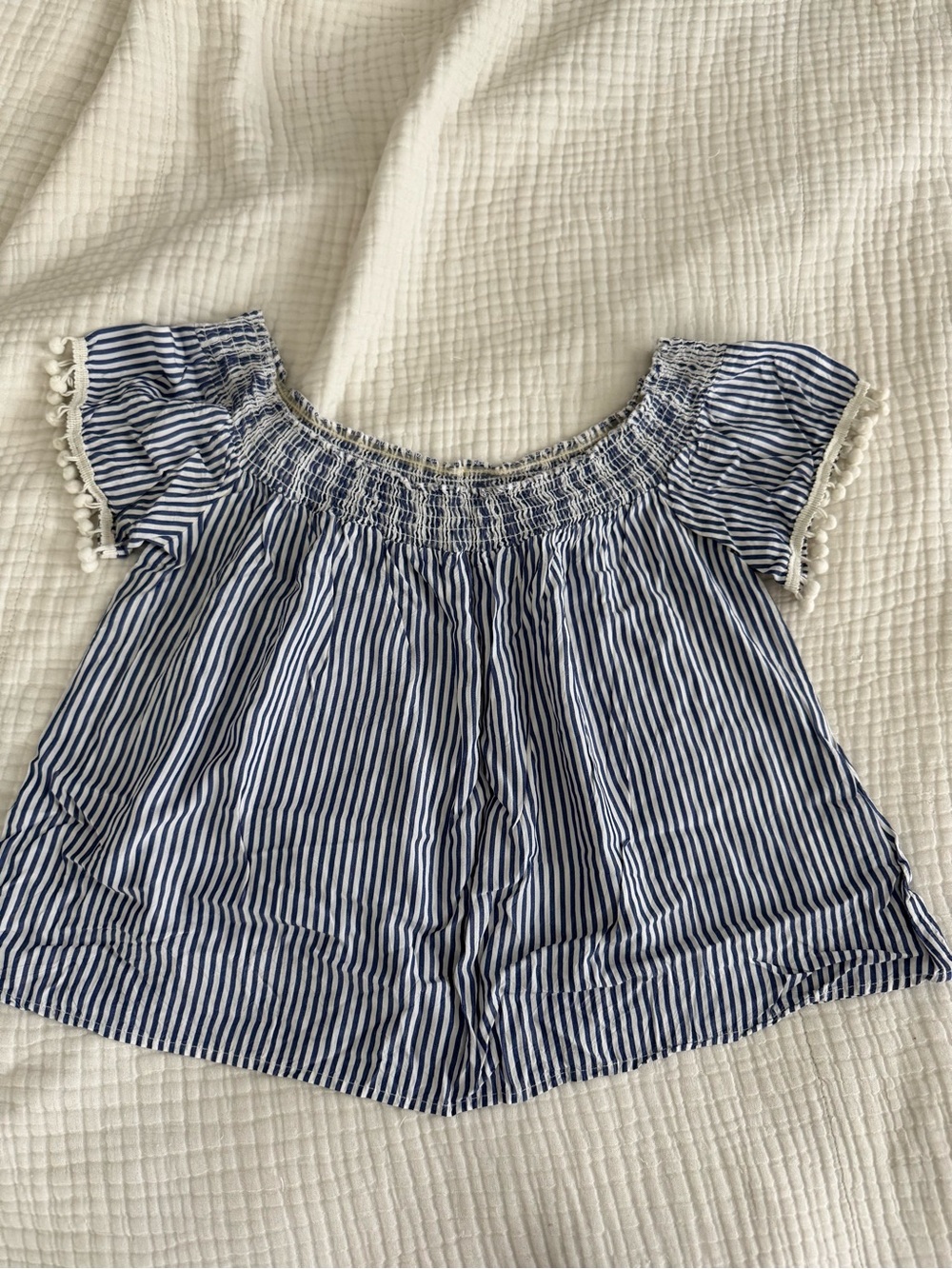 Blue & White Striped Shortsleeve Blouse w/ Pompoms